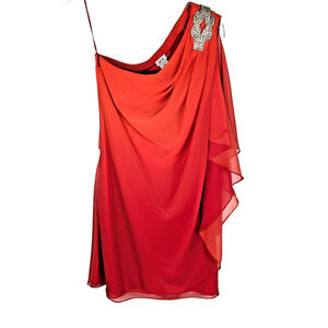 Cache Vintage One Shoulder Rhinestone Flowy Chiffon Dress Red Orange Ombre Sz 0